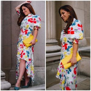 NWT RIXO Floral Mock Neck Cascade Ruffle Dress